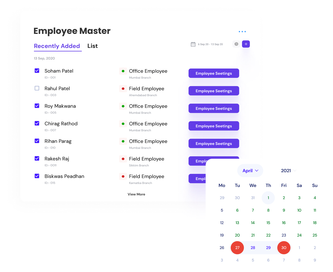 Employee master listing office and field employees, with a date picker