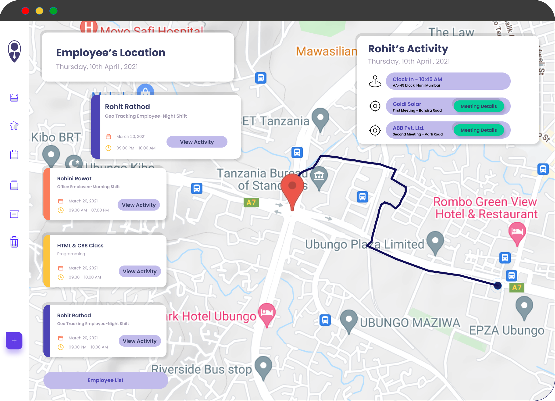 An employee's route on a map with the day's activity: clock-in and meetings